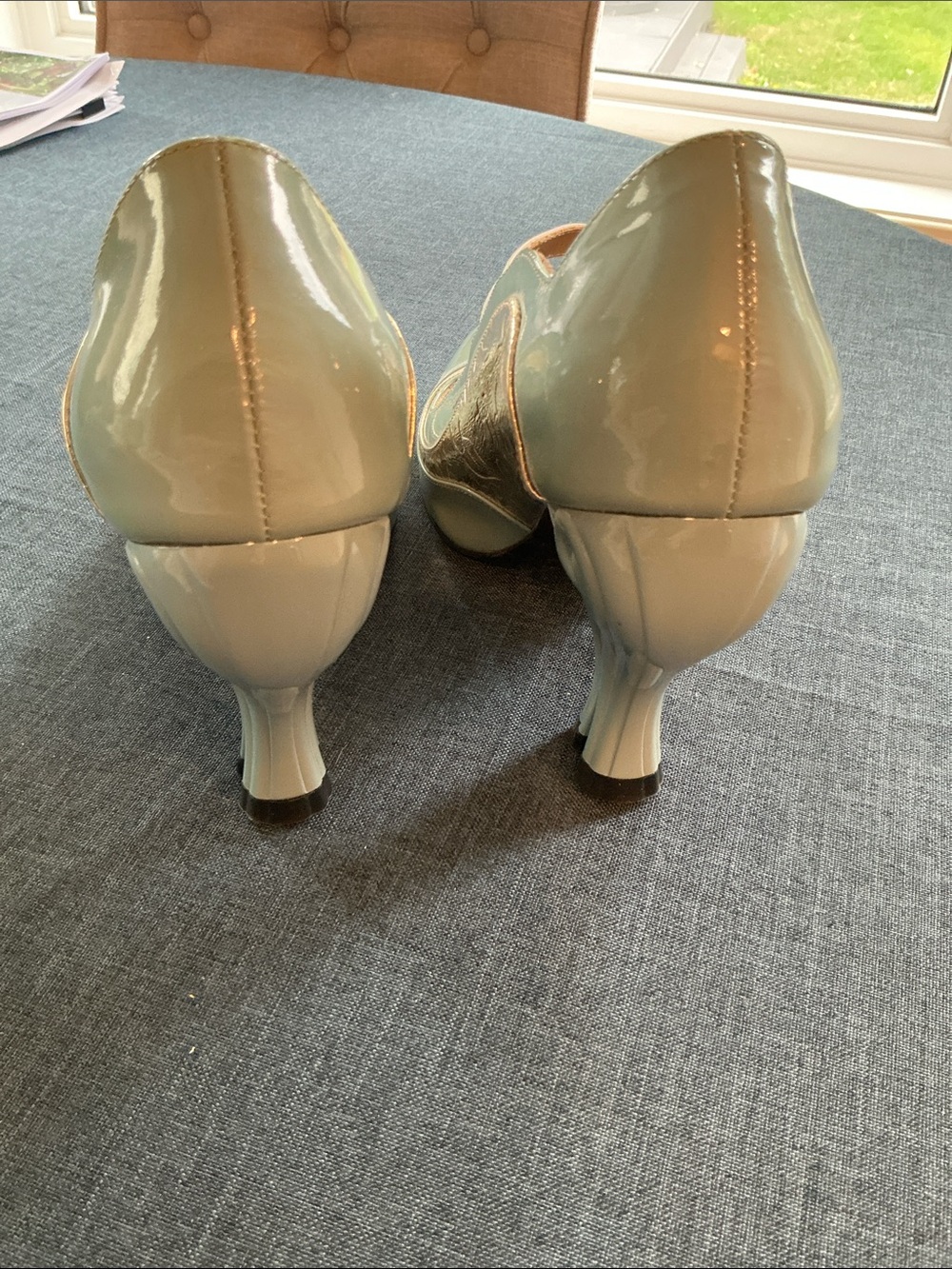 John Fluevog Pale Mint Patent Mary Jane Heels with Cream Strap - Picture 2 of 3